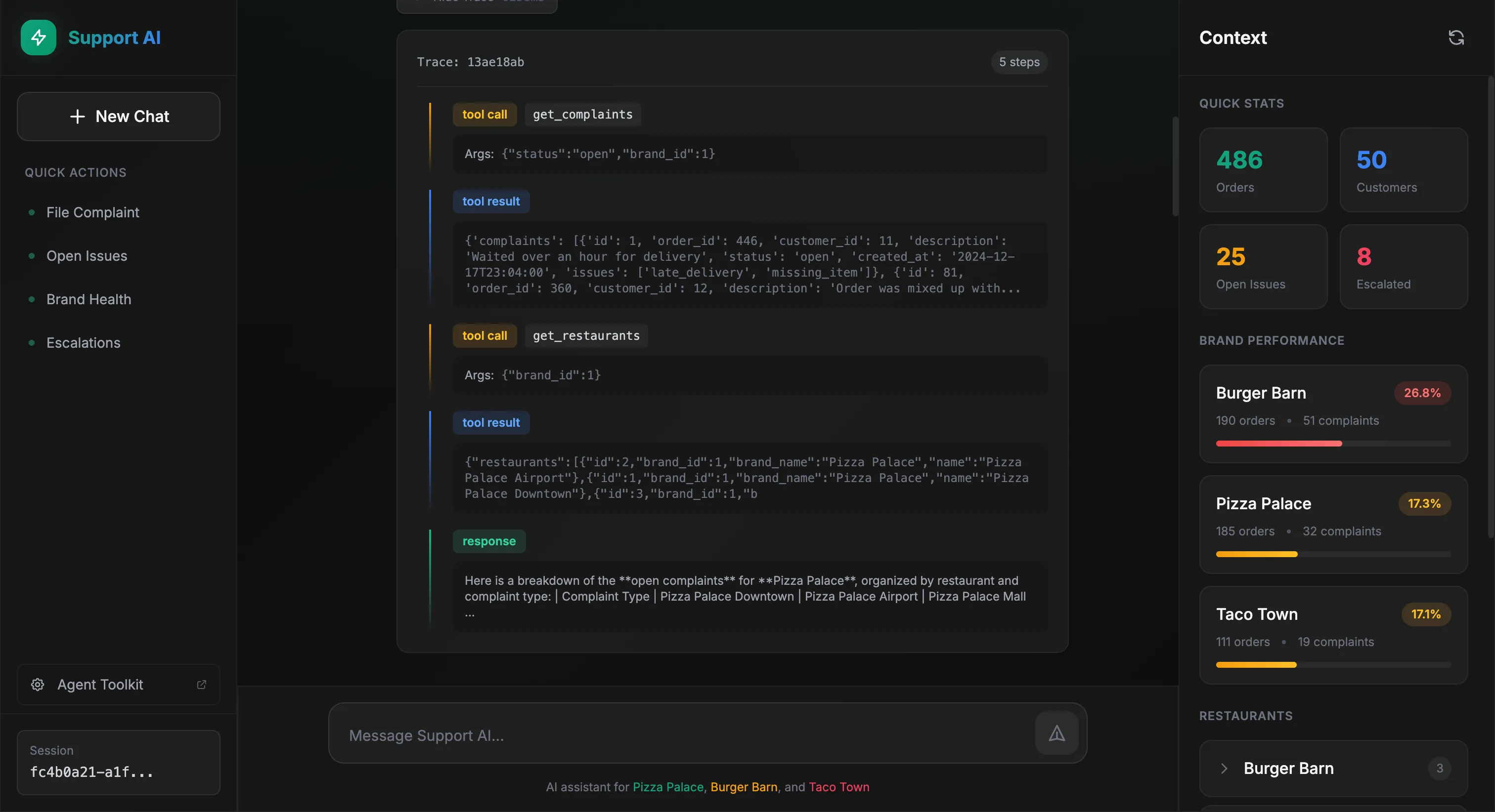 Trace showing get_complaints and get_restaurants calls